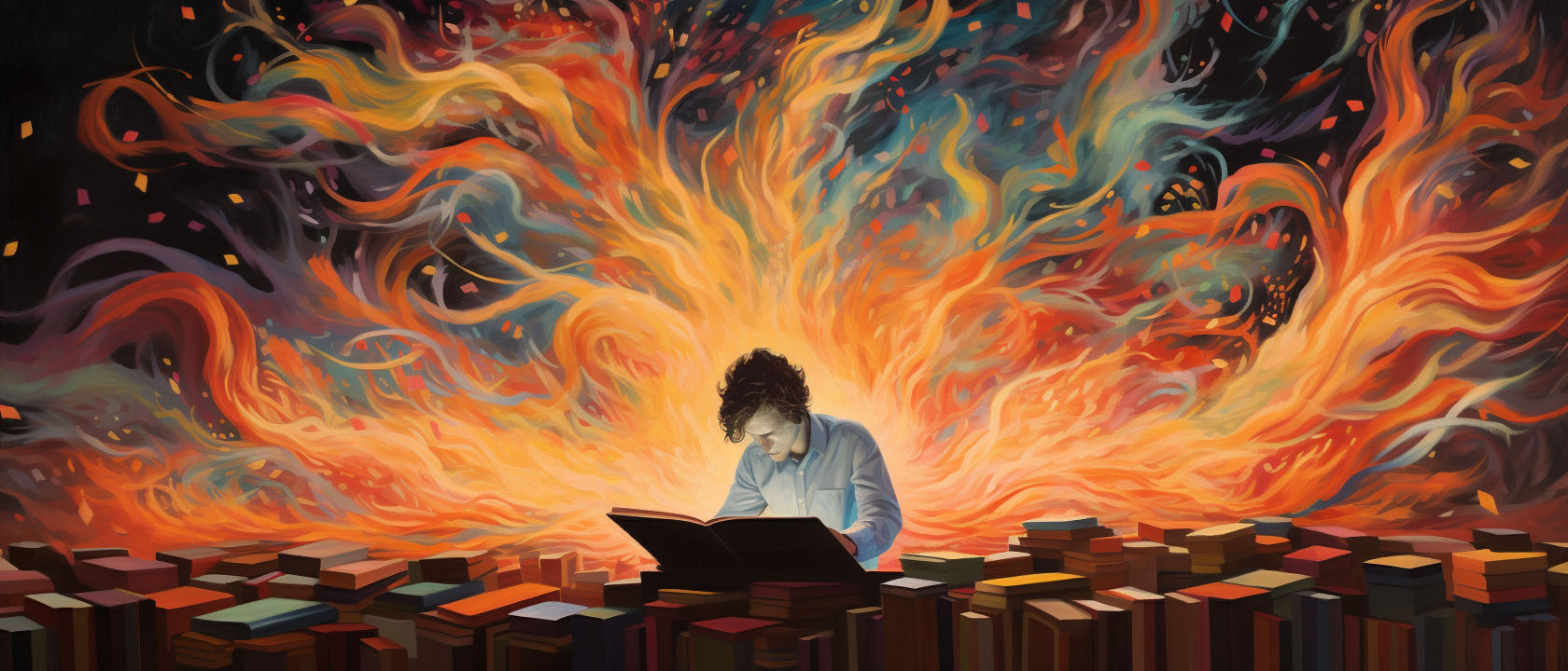 student working on a laptop while a. fire burns behind them