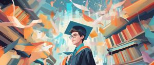 a graduating student surrounded by swirling paper