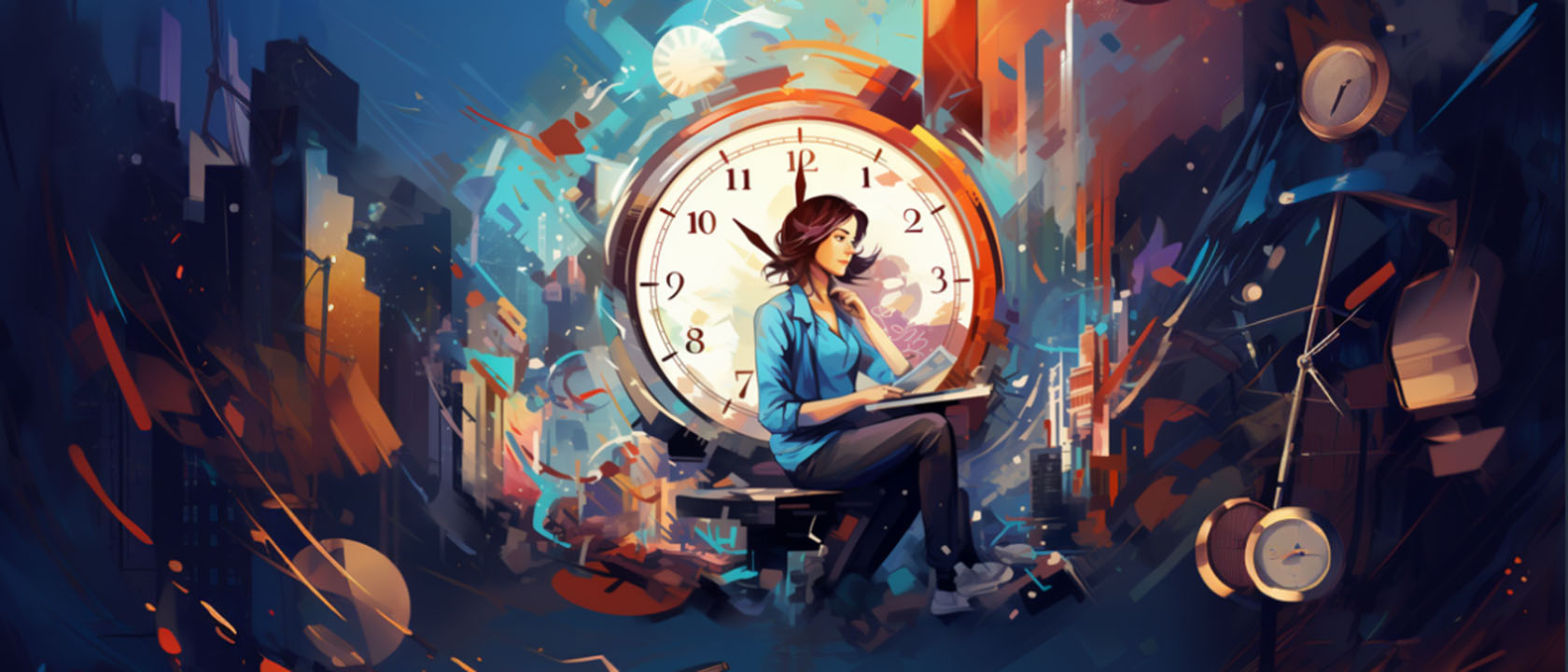 A student sitting and thinking in front of a large clock